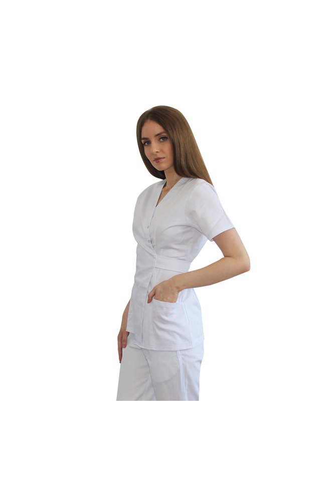 Halat medical kimono alb cu doua buzunare aplicate