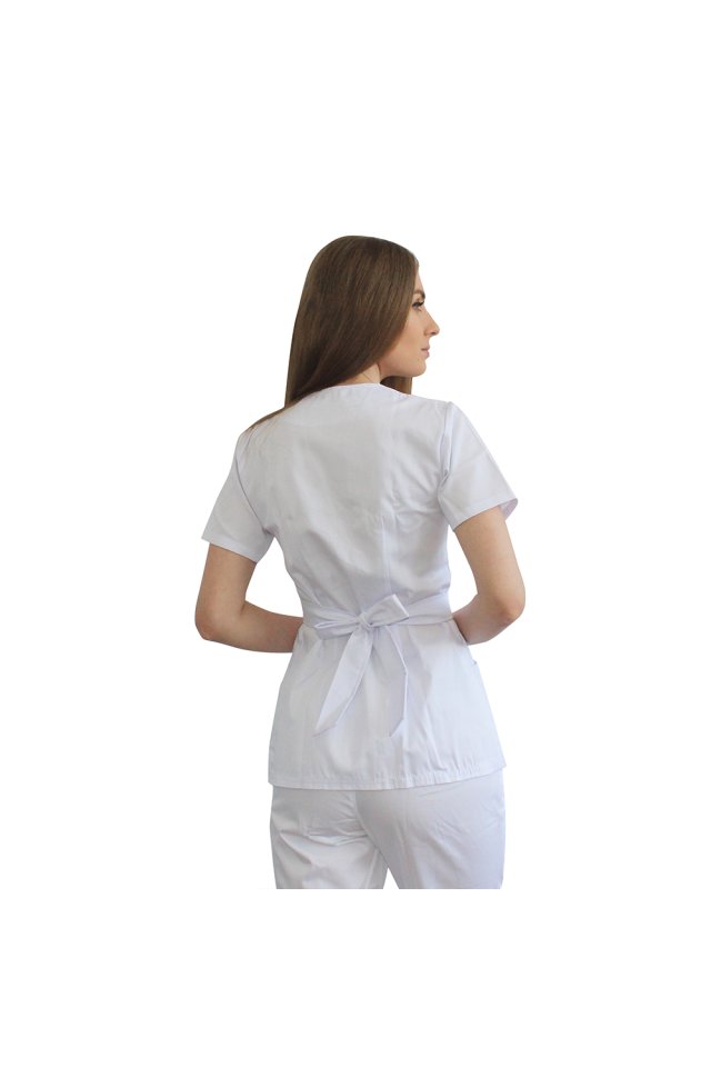 Halat medical kimono alb cu doua buzunare aplicate