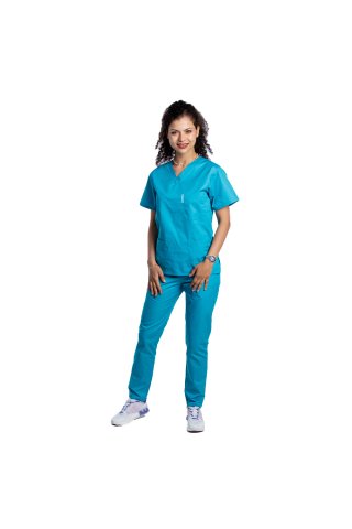 Costum medical turcoaz cu bluza cu anchior in forma V si pantaloni turcoaz cu elastic