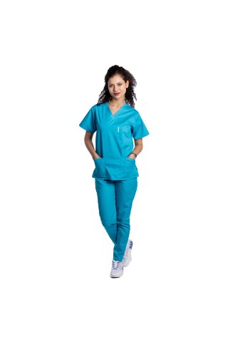 Costum medical turcoaz cu bluza cu anchior in forma V si pantaloni turcoaz cu elastic