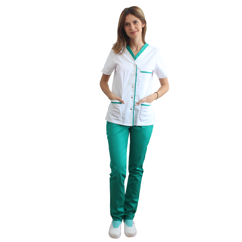 Costum medical format din bluza alb cu paspol verde si pantaloni verde chirurgical