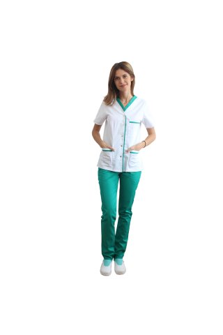 Costum medical format din bluza alb cu paspol verde si pantaloni verde chirurgical
