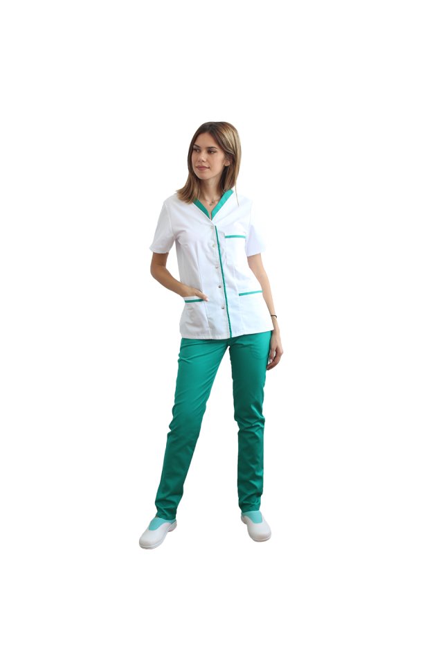 Costum medical format din bluza alb cu paspol verde si pantaloni verde 41
