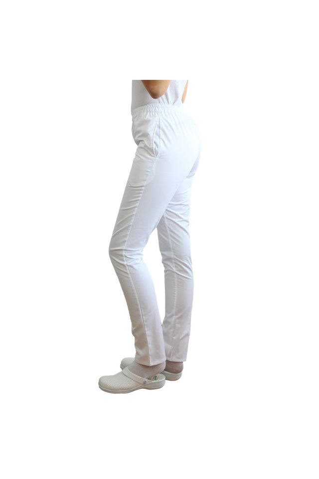 Pantaloni medicali albi cu elastic si doua buzunare laterale