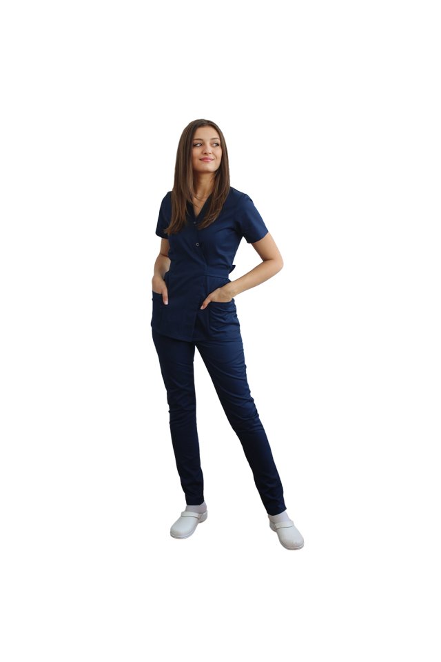 Costum medical kimono bleumarin format din bluza si pantaloni cu elastic