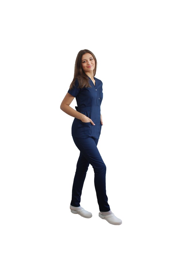 Costum medical kimono bleumarin format din bluza si pantaloni cu elastic