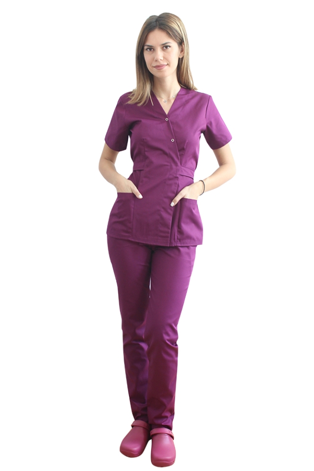 Costum medical visina, cu bluza tip kimono si pantaloni visina cu elastic