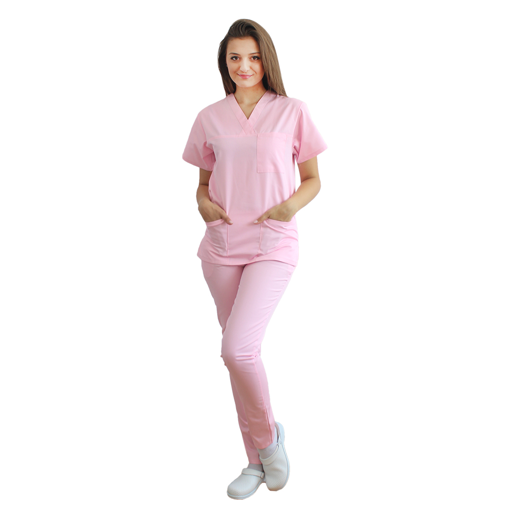 Costum medical roz pal format din bluza cu anchior in V si pantaloni roz cu elastic