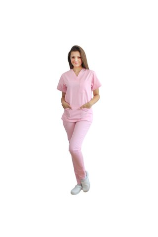 Costum medical roz pal format din bluza cu anchior in V si pantaloni roz cu elastic