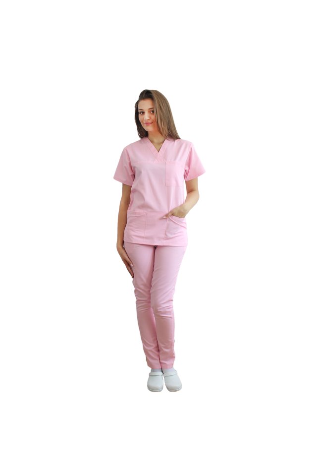 OUTLET Costum medical roz pal format din bluza cu anchior in V si pantaloni roz cu elastic
