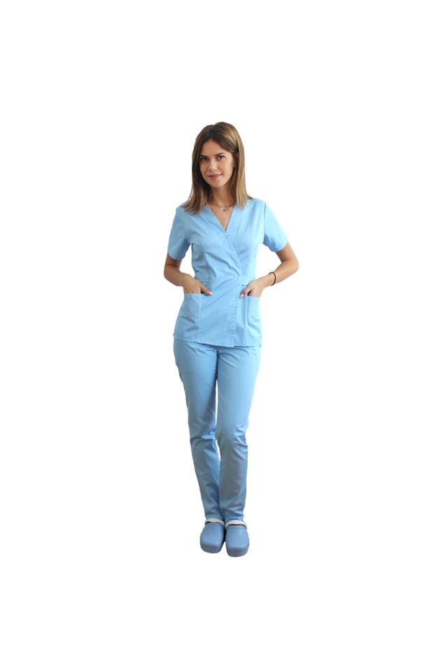 Costum medical bleu cu bluza tip kimono si pantaloni bleu cu elastic