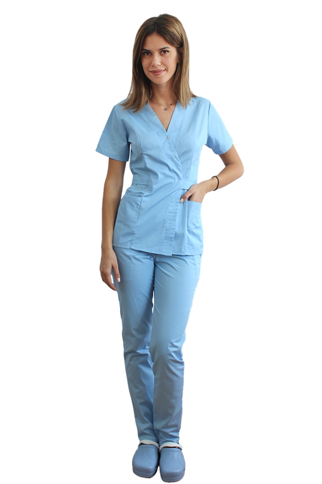 Costum medical bleu cu bluza tip kimono si pantaloni bleu cu elastic