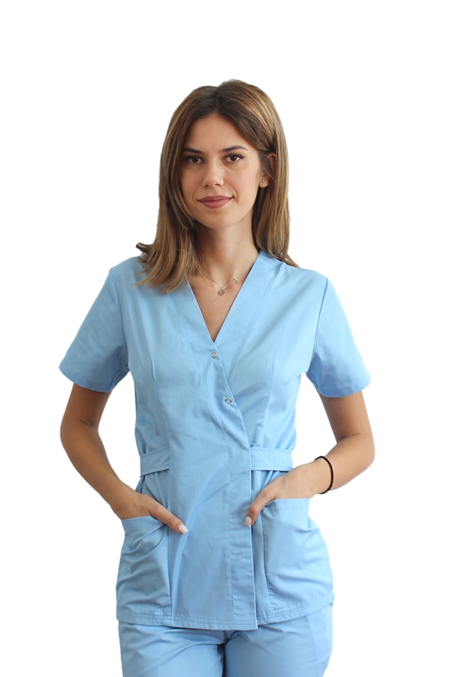 Halat medical kimono bleu cu doua buzunare aplicate