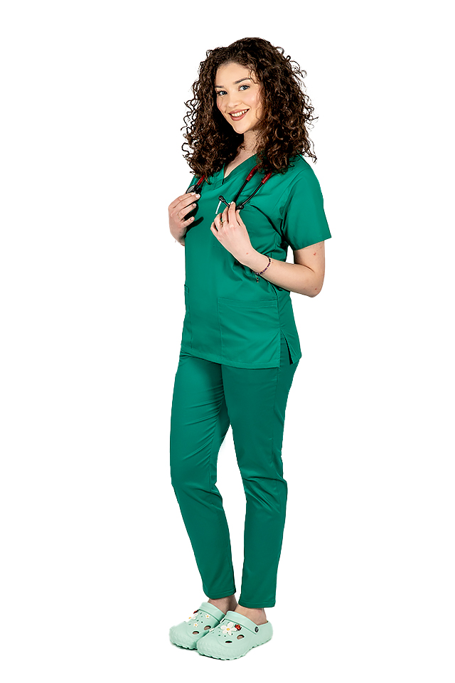 Halat medical verde, dama, cu anchior in forma V cu trei buzunare aplicate 2