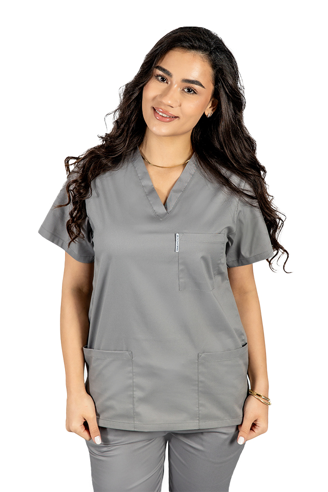 Costum medical cu elastan gri, dama, format din bluza cu anchior in V si pantaloni gri cu snur 4