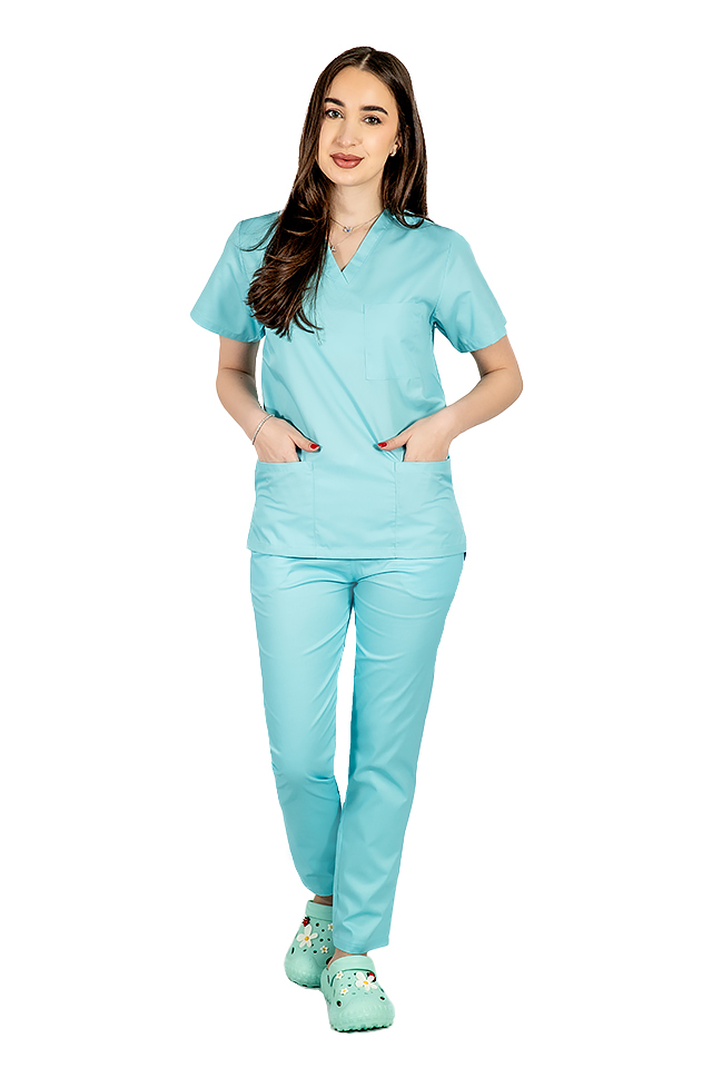 Costum medical menta cu elastan, dama, bluza cu anchior in forma V si pantaloni cu snur