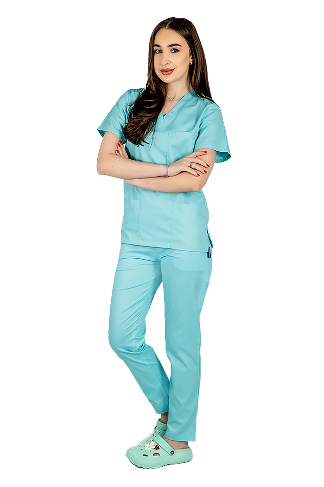 Costum medical menta cu elastan, dama, bluza cu anchior in forma V si pantaloni cu snur 2