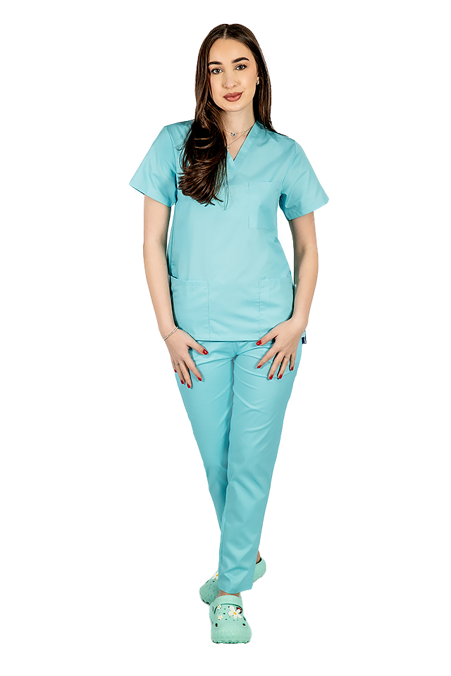 Costum medical menta cu elastan, dama, bluza cu anchior in forma V si pantaloni cu snur 5