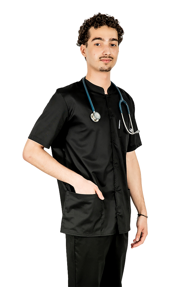 Halat medical negru barbatesc cu guler tip tunica si trei buzunare 