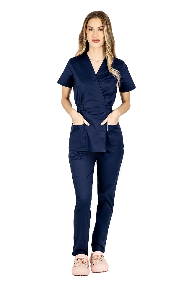 Costum medical kimono bleumarin format din bluza si pantaloni cu elastic