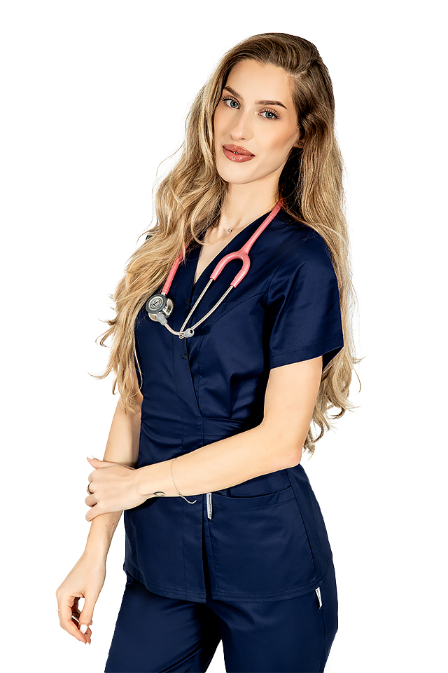 Halat medical kimono bleumarin  cu doua buzunare aplicate 2