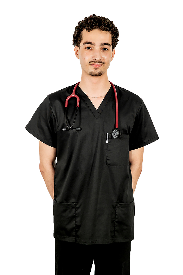 Halat medical negru cu anchior in forma V si trei buzunare aplicate