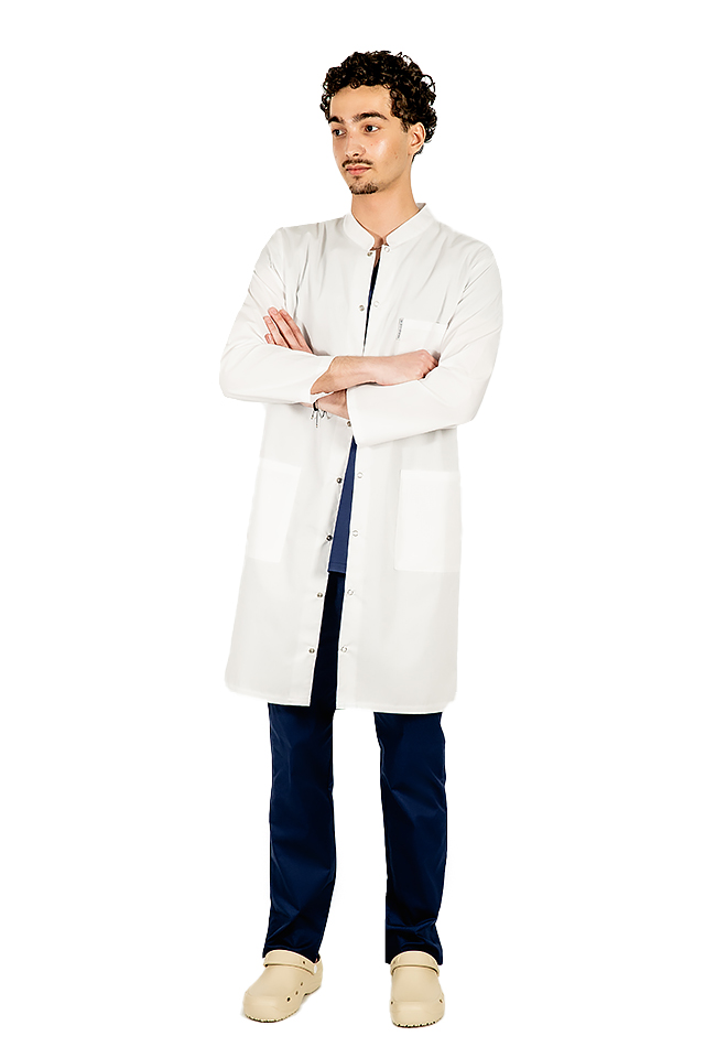 Halat medical alb, unisex, cu guler tip tunica si trei buzunare  3