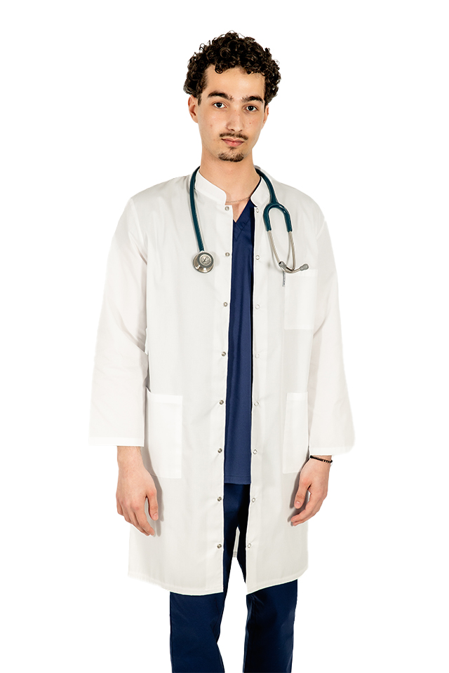 Halat medical alb, unisex, cu guler tip tunica si trei buzunare  2