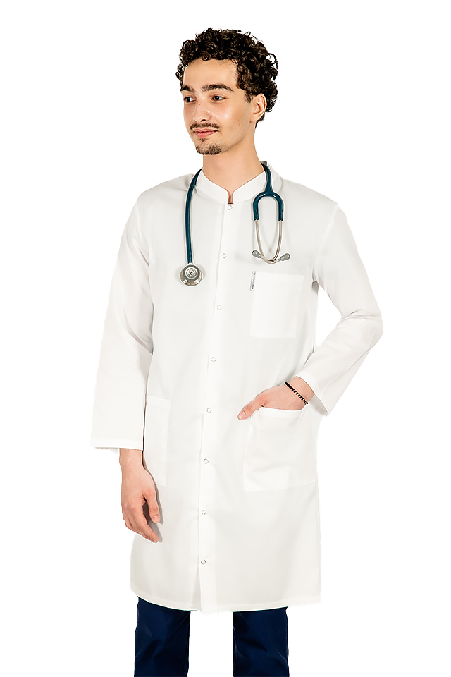 Halat medical alb, unisex, cu guler tip tunica si trei buzunare  4