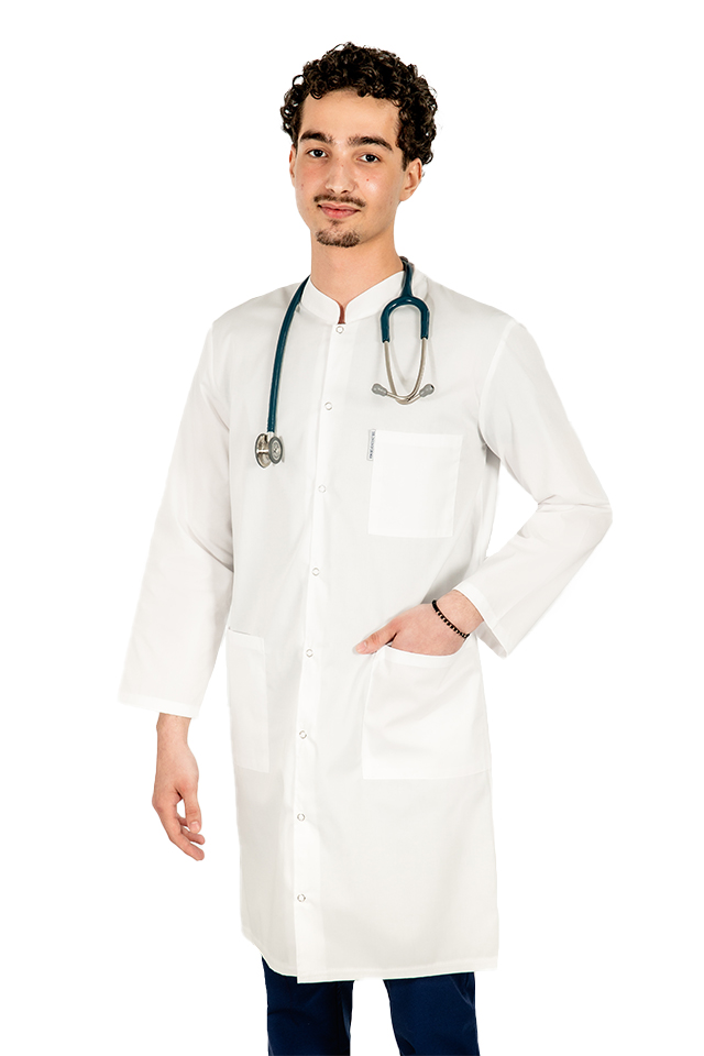 Halat medical alb, unisex, cu guler tip tunica si trei buzunare 