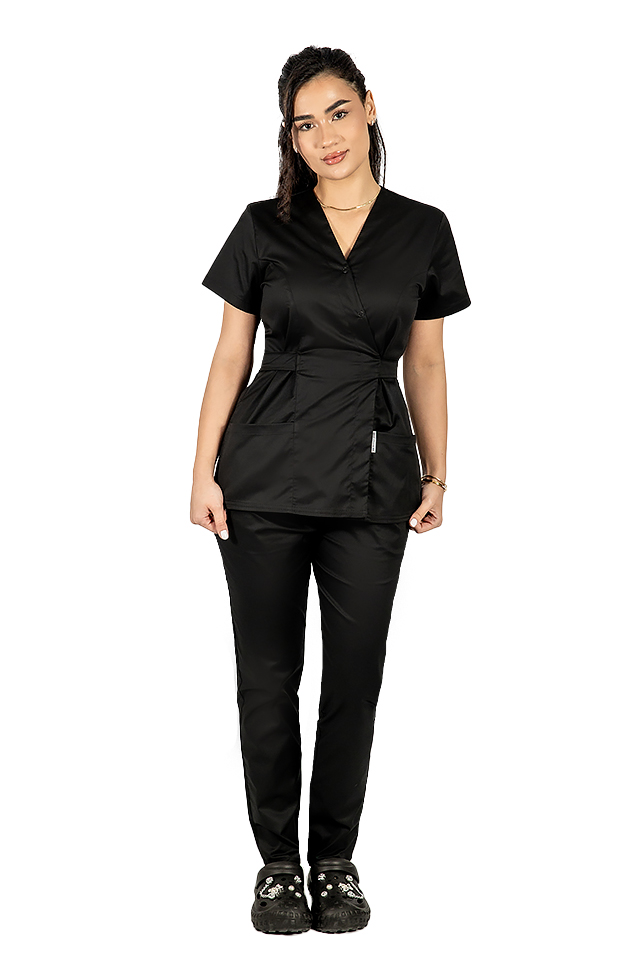 Costum medical negru, cu bluza tip kimono si pantaloni cu elastic 2