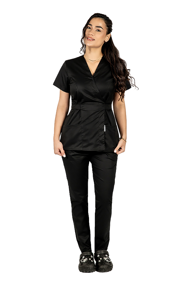 Costum medical negru, cu bluza tip kimono si pantaloni cu elastic 3