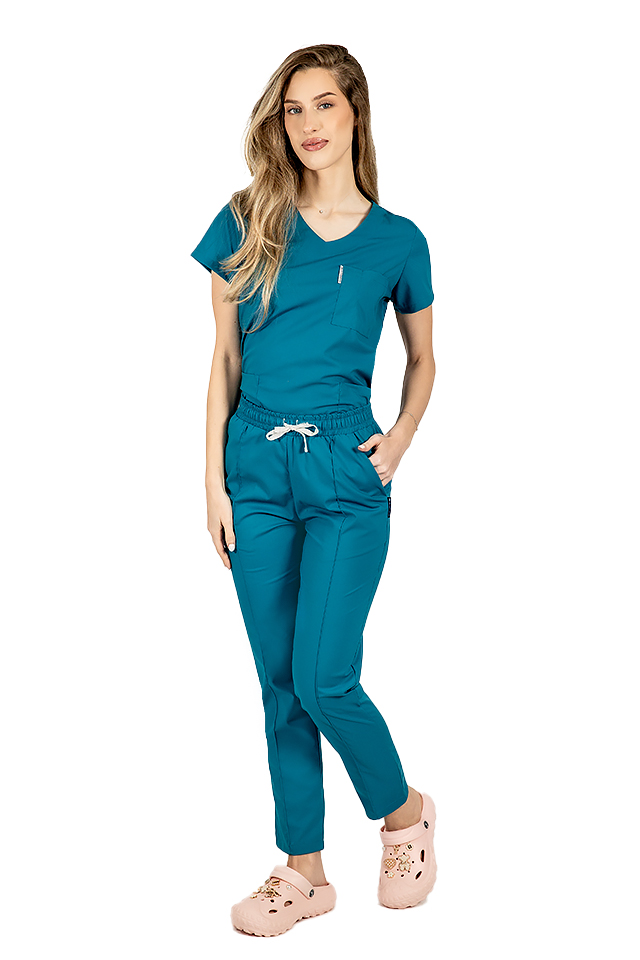 Costum medical stretch aqua cu bluza in V si pantaloni cu snur si elastic 2