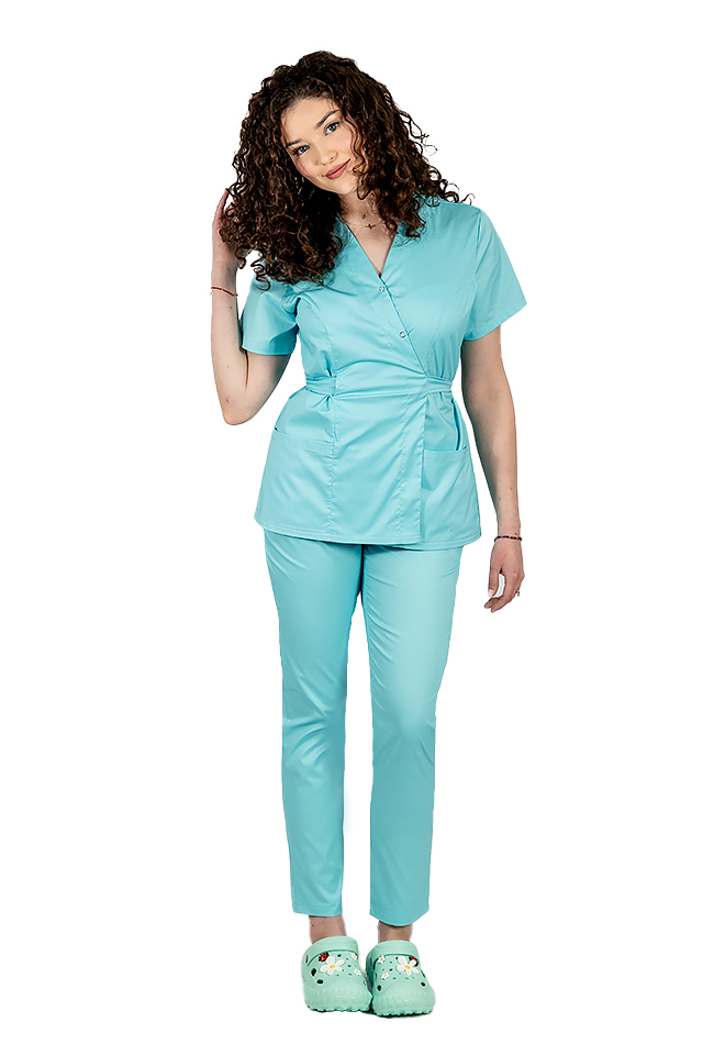 Costum medical menta, cu elastan, bluza tip kimono si pantaloni cu snur in talie