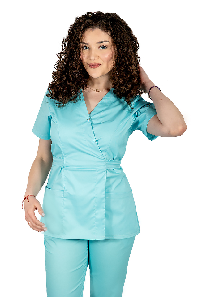 Halat medical kimono menta, cu elastan si doua buzunare aplicate