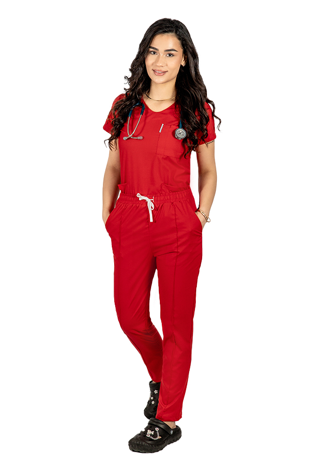 Costum medical stretch rosu cu bluza cu anchior si pantaloni cu snur si elastic