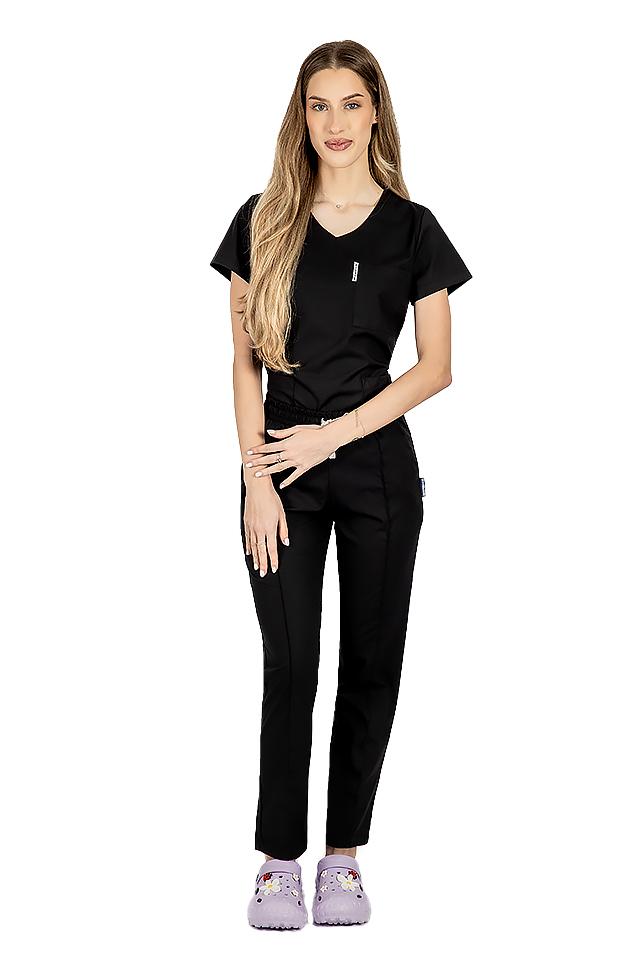 Costum medical stretch negru cu bluza in V si pantaloni cu snur si elastic