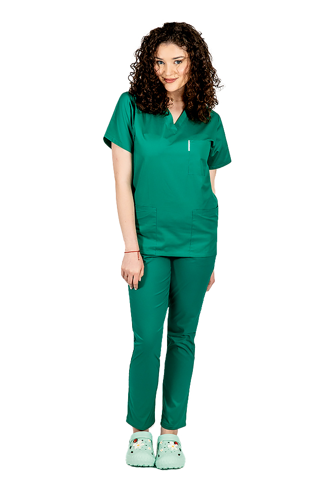 Halat medical verde, dama, cu anchior in forma V cu trei buzunare aplicate 3
