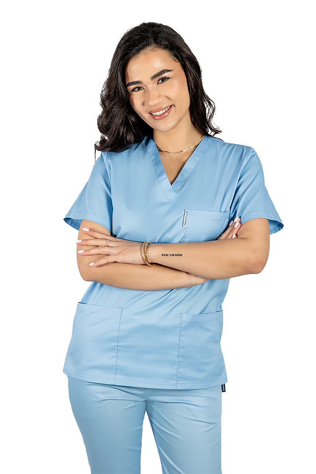 Halat medical bleo cu elastan, dama, cu anchior in V si trei buzunare aplicate