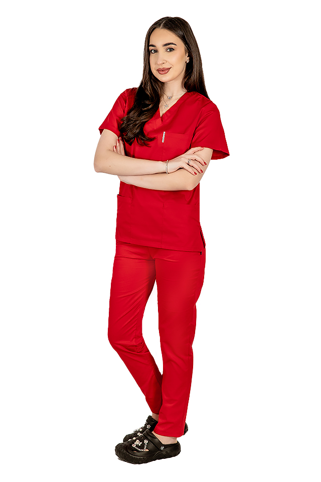Halat medical rosu cu anchior in forma V si trei buzunare aplicate 4