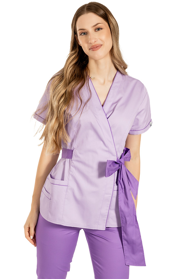 Halat medical kimono lila cu paspol mov si cordon cu legare tip fundita