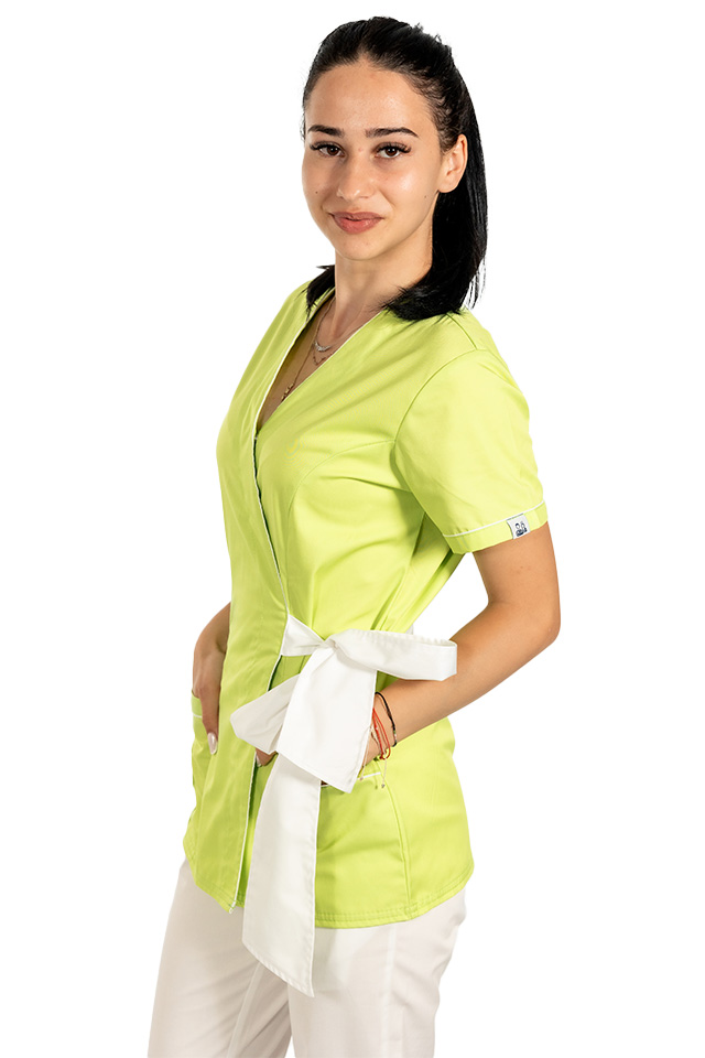 Halat medical kimono lime cu paspol alb si cordon cu legare tip fundita