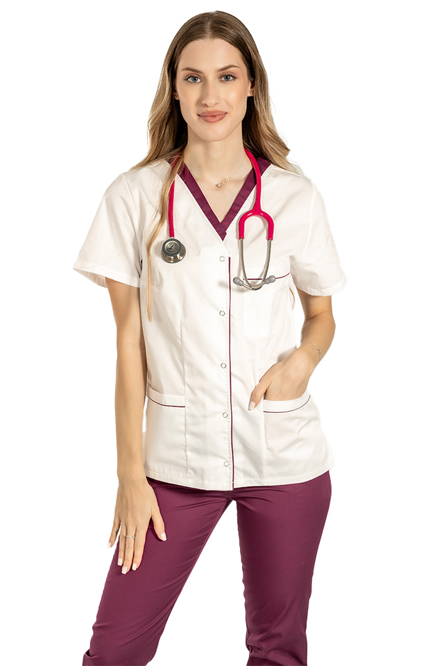 Costum medical cu elastan format din bluza alb cu paspol visina si pantaloni visinacu elastic 4