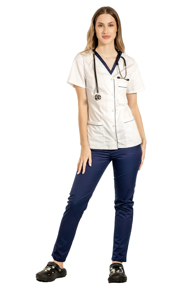 Costum medical cu elastan format din bluza alb cu paspol bleumarin si pantaloni bleumarin cu elastic 2