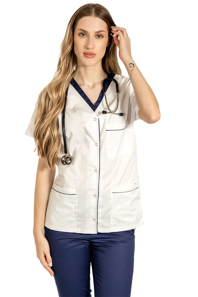 Halat medical cu elastan alb cu paspol bleumarin, capse si trei buzunare aplicate 5