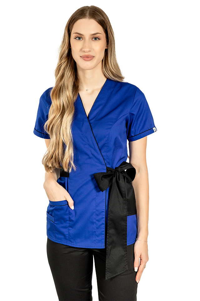 Halat medical kimono albastru cu paspol negru si cordon cu legare tip fundita