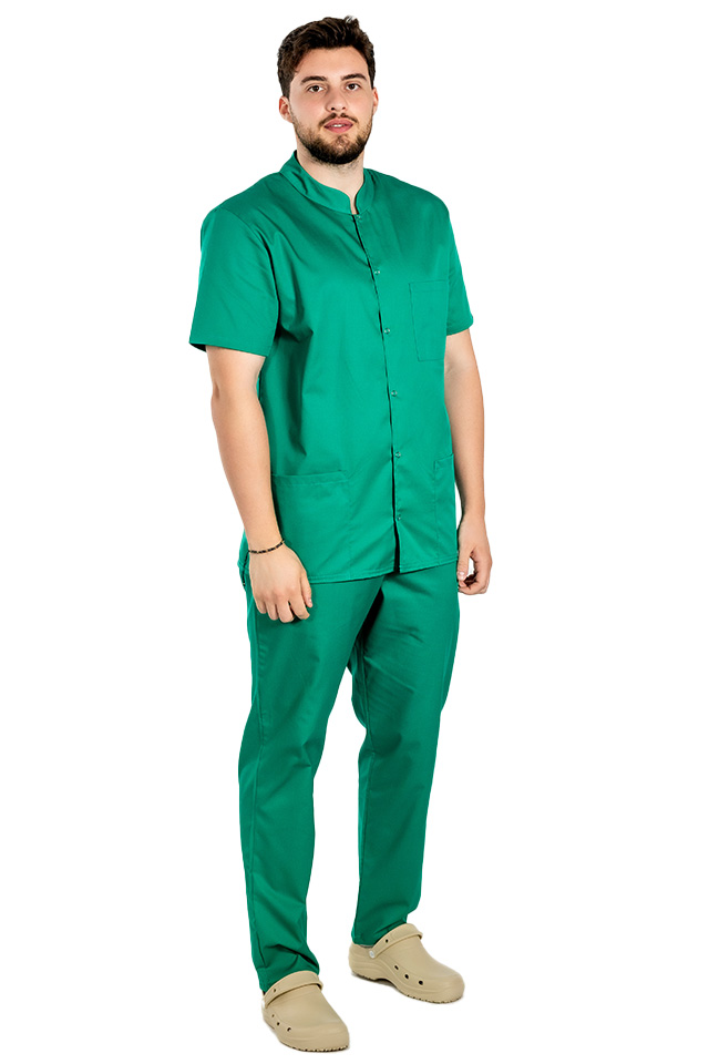 Halat medical verde chirurgical barbatesc cu guler tip tunica si trei buzunare  2