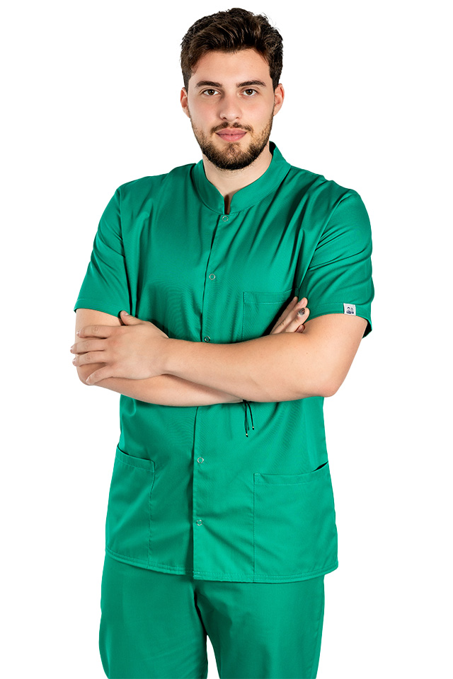 Halat medical verde chirurgical barbatesc cu guler tip tunica si trei buzunare  4