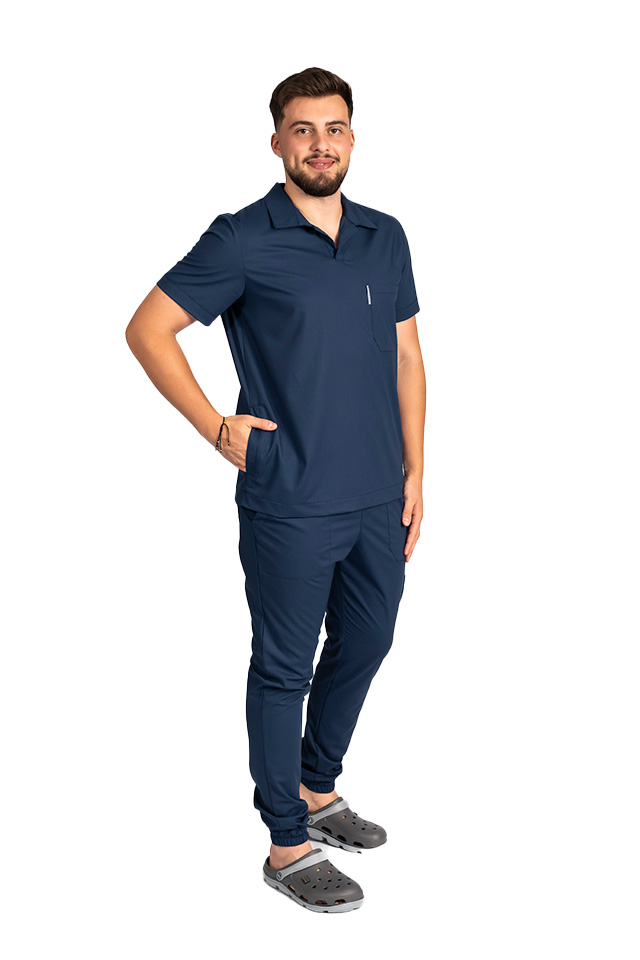 Costum medical stretch polo barbati bleumarin, cu bluza in V si pantaloni tip jogger, cu snur si elastic 2