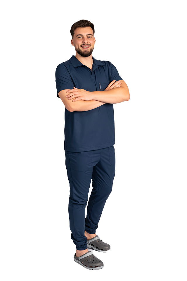 Costum medical stretch polo barbati bleumarin, cu bluza in V si pantaloni tip jogger, cu snur si elastic 3